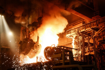Liquid steel is poured from a metallurgical ladle - 482737679