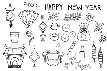 chinese new year doodle. Set of doodles on chinese new year element. black and color hand drawn chinese newyear 2022