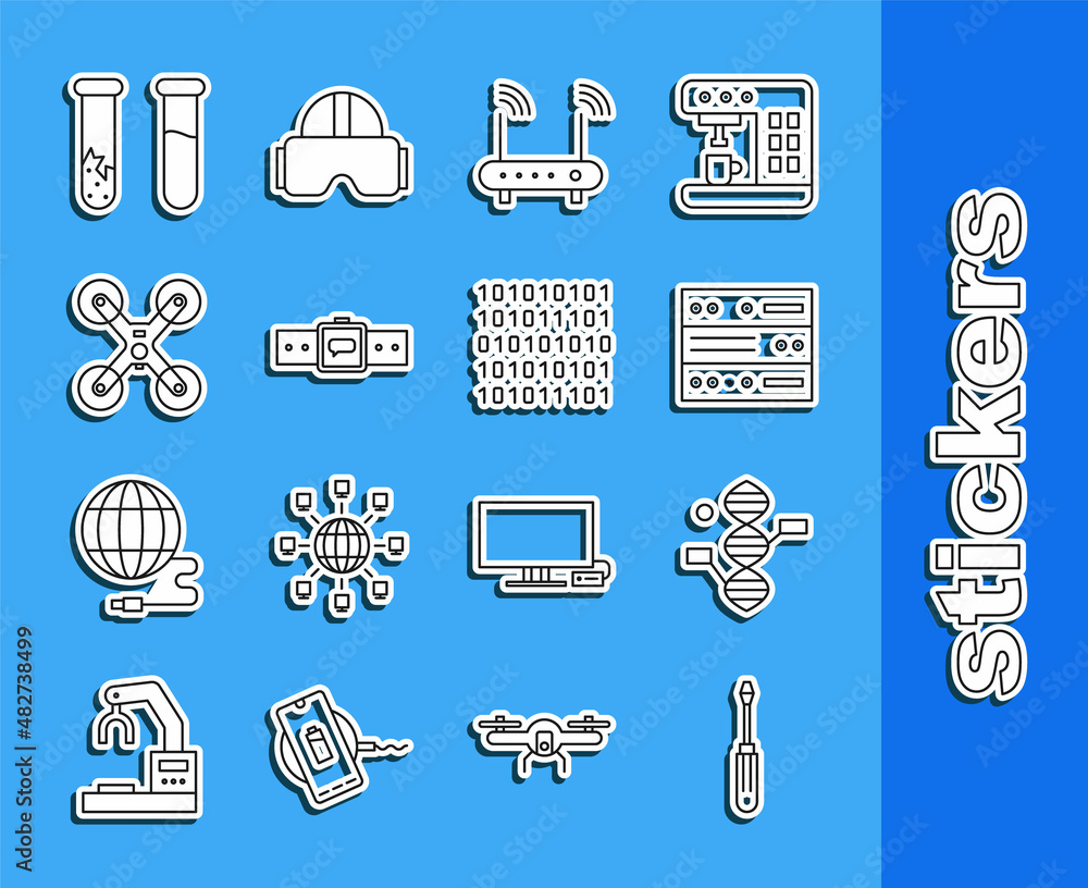 Poster set line screwdriver, dna symbol, server, data, web hosting, router and wi-fi signal, smartwatch, dr