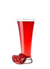 Glass of delicious pomegranate juice on white background