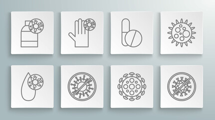 Set line Blood test and virus, Hand with, Stop, Virus, Medicine pill or tablet, and Bottle icon. Vector