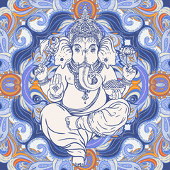 Hindu Lord Ganesha over ornate colorful mandala. Vector illustration.