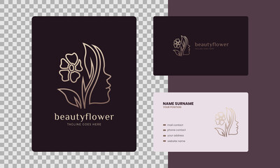 Beauty hair logo in elegant style with business card, flower, Premium Vector brand.
