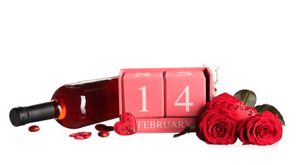 Calendar with date of Valentines Day, wine bottle and red roses on white background