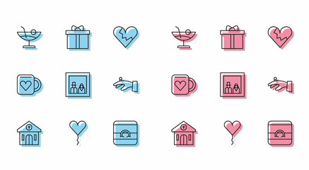 Set line Church building, Balloon form of heart, Cocktail, Wedding rings, Family photo, hand, Coffee cup and Gift box icon. Vector