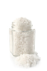 Jar of iodized salt on white background
