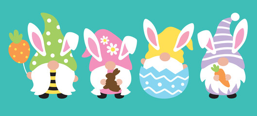 Cute Easter bunny gnomes with carrot, chocolate bunny, and Easter egg vector illustration.