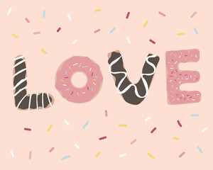 Love donut pink sprinkled and chocolate glazed illustration flat design for greeting card valentine, wallpaper, sticker, printable
