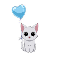 Kot i balon w kształcie serca. Ręcznie rysowany uroczy mały biały kotek. Wektorowa ilustracja zadowolonego, siedzącego kota. Słodki, romantyczny zwierzak. Kartka walentynkowa.