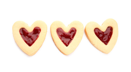 Obraz na płótnie Canvas Tasty cookies in heart shape on white background