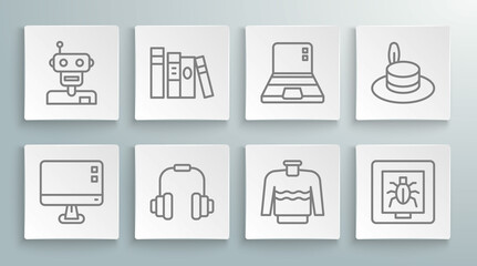 Set line Computer monitor screen, Book, Headphones, Sweater, Insects in frame, Laptop, Man hat and Robot icon. Vector