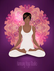 Beautiful African American Girl sitting in Lotus pose with ornate mandala on background. Vector illustration. Spa consent, yoga studio, or natural medicine clinic.