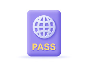 3D passport, id document icon. Travel, tourism and immigration concept. Pass render. 3d realistic vector illustration