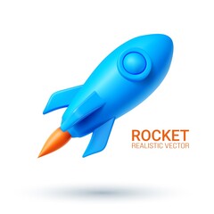 Realistic 3d blue rocket flying in space. Spaceship rocket icon isolated on white background. Catroon space shuttle for startup business concept. Vector illustration