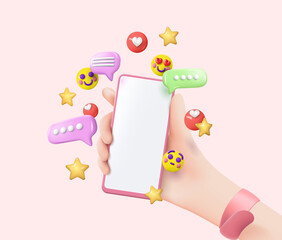 Mobile in hand with social media chat. Vector concept in cartoon 3d style with likes, comments and followers