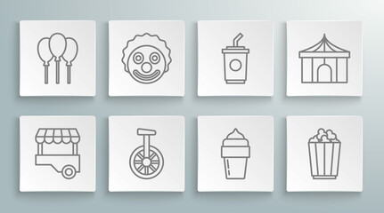 Set line Fast street food cart, Clown head, Unicycle or one wheel bicycle, Ice cream, Popcorn in box, Paper glass with water, Circus tent and Balloons ribbon icon. Vector © Oksana