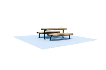Wooden park bench with table on concrete floor isolated on white background.