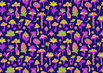 Colorful flowersl and mushrooms seamless pattern, retro 60s, 70s hippie style background. Vintage psychedelic textile, fabric, wrapping, wallpaper. Vector repeating magic floral illustration.