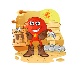 vietnamese flag cowboy with wanted paper. cartoon mascot vector