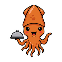 Cute little squid cartoon serving food in a sliver platter