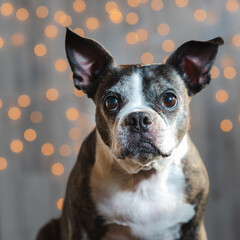 Boston terrier dog studio portrait. Lighted bokeh background with copy space