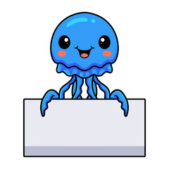 Cute little jellyfish cartoon with blank sign