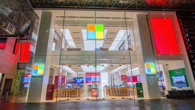 SYDNEY, AUSTRALIA. – On November 28, 2017. - Microsoft store for the latest software and technology products, the image shows shopfront at Pitt Street Mall Sydney Downtown at Night.