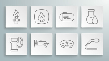 Set line Petrol or gas station, Fire flame, Oil tanker ship, Motor gauge, Electrical cable plug charging, storage, petrol test tube and rig with fire icon. Vector