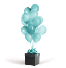 Beautiful gift box and bunch of light blue balloons on white background