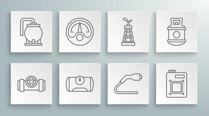 Set line Metallic pipes and valve, Motor gas gauge, Gas tank for vehicle, Electrical cable plug charging, Canister motor oil, Oil rig, Propane and storage icon. Vector