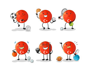 turkish flag sport set character. cartoon mascot vector