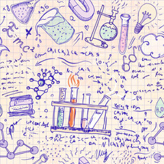 Back to School: science lab objects doodle vintage style sketches seamless pattern, vector illustration.
