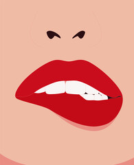 Closeup of sensuous woman biting red lips.