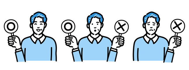 Naklejka premium マルバツの札を持っている中年男性のセット 