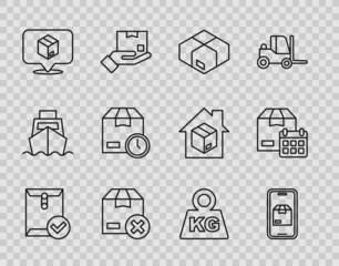 Set line Envelope and check mark, Mobile app delivery tracking, Carton cardboard box, Location with, Cardboard clock, Weight and calendar icon. Vector