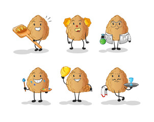almond profession set character. cartoon mascot vector