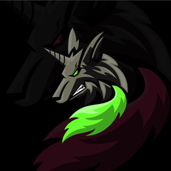 Head wolf vector design with unicorn horn with green tail