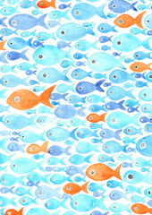 School of fish watercolor background illustration for decoration on fishing theme and ocean.