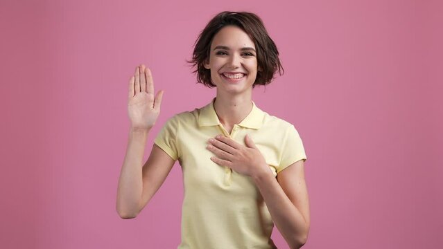 Lady put hand heart devotion vow justice isolated pastel color background