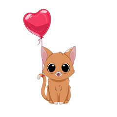 Kot i balon w kształcie serca. Ręcznie rysowany uroczy mały rudy kotek. Wektorowa ilustracja zadowolonego, siedzącego kota. Słodki, romantyczny zwierzak. Kartka walentynkowa. - obrazy, fototapety, plakaty