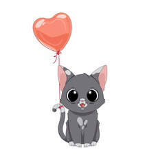 Kot i balon w kształcie serca. Ręcznie rysowany uroczy mały szary kotek w łaty. Wektorowa ilustracja zadowolonego, siedzącego kota. Słodki, romantyczny zwierzak. Kartka walentynkowa.