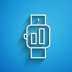White line Smartwatch icon isolated on blue background. Long shadow. Vector