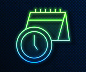 Glowing neon line Calendar and clock icon isolated on blue background. Schedule, appointment, organizer, timesheet, time management. Vector