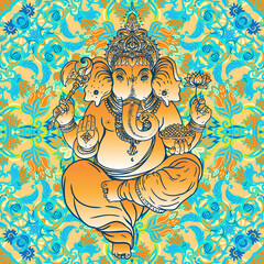 Hindu Lord Ganesha over ornate colorful mandala. Vector illustration.