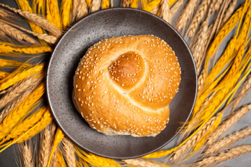 Delicious fresh baked knot bread roll with sesame seeds