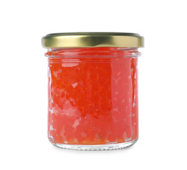 Glass jar with delicious red caviar isolated on white