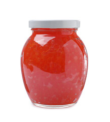 Glass jar with delicious red caviar isolated on white