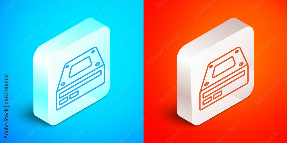 Poster isometric line optical disc drive icon isolated on blue and red background. cd dvd laptop tray drive
