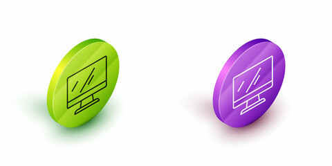 Obraz na płótnie Canvas Isometric line Computer monitor screen icon isolated on white background. Electronic device. Front view. Green and purple circle buttons. Vector