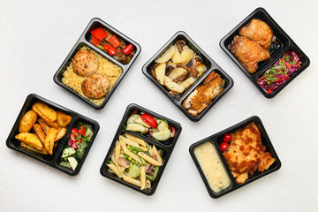 Lunch boxes with delicious food on light background